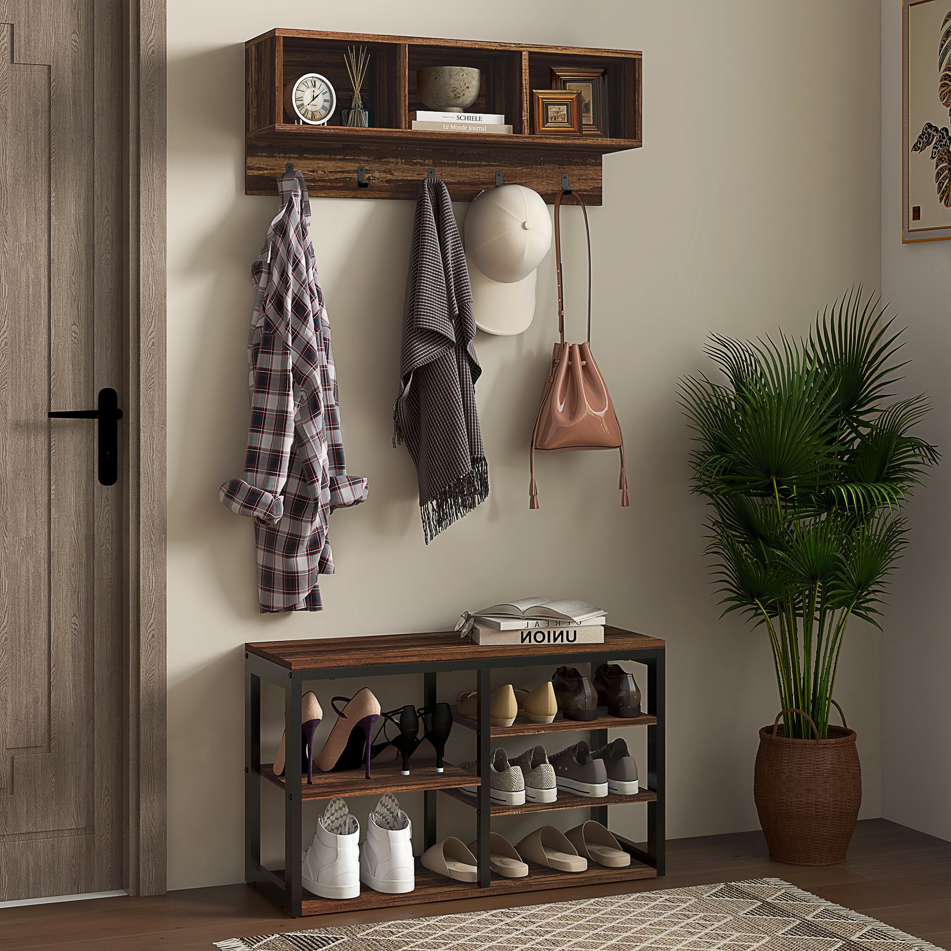 Rustic wood entryway shelf with hooks and compartments