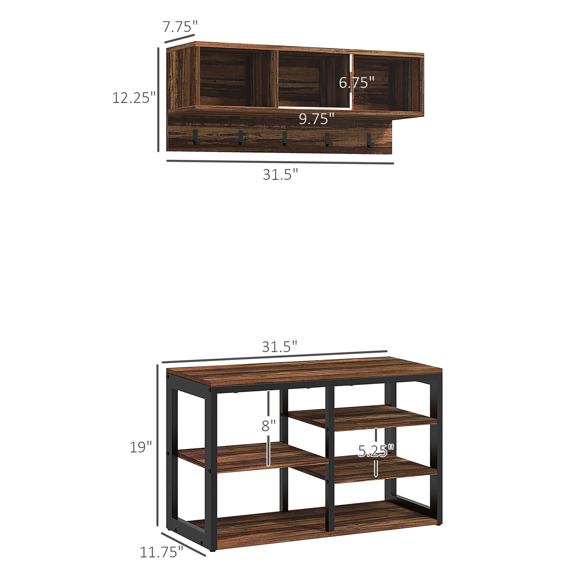 Rustic wood wall shelf with  compartments and  coat hooks