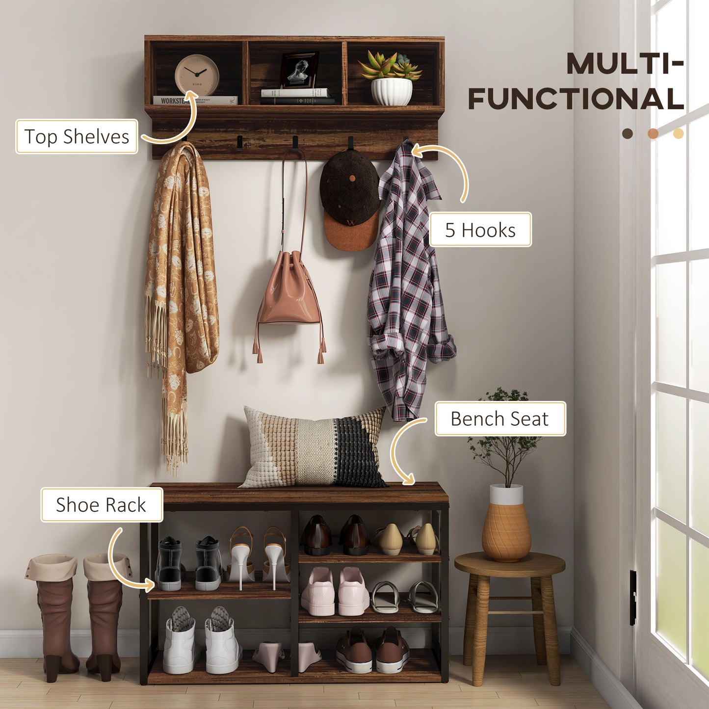Rustic entryway bench with shoe rack coat hooks and top shelves in dark wood finish