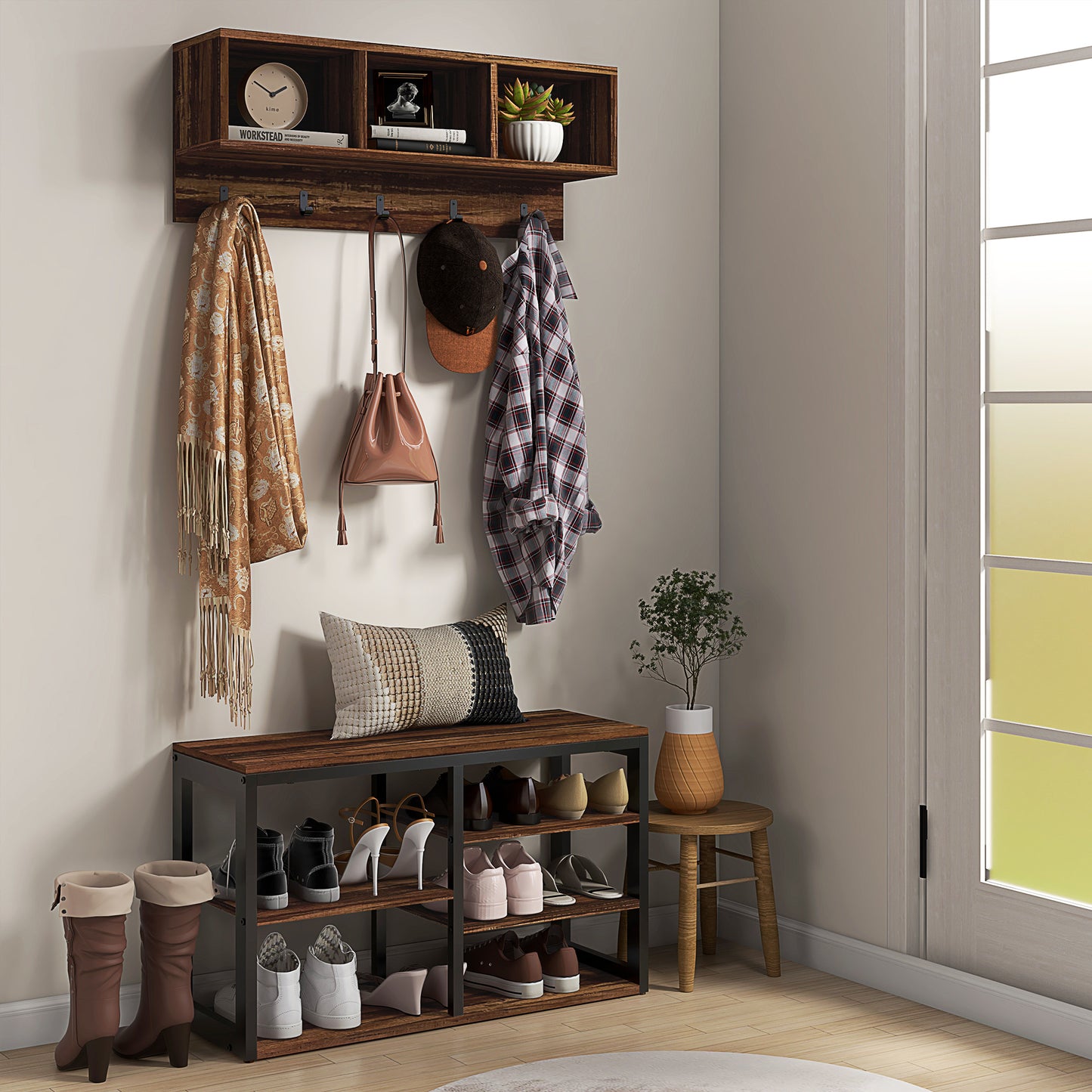 Rustic brown entryway bench with storage shelves and wallmounted coat rack