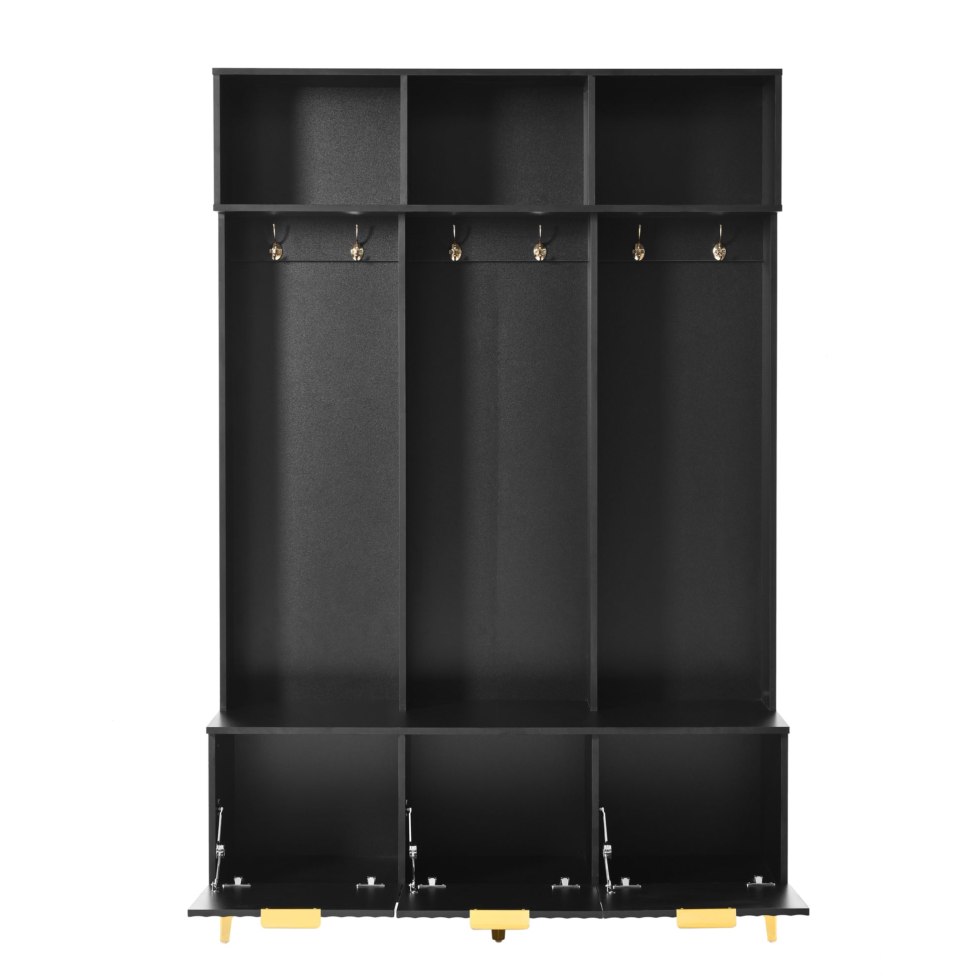 Black entryway organizer with three open cubbies three coat hooks and three flipdown storage compartments