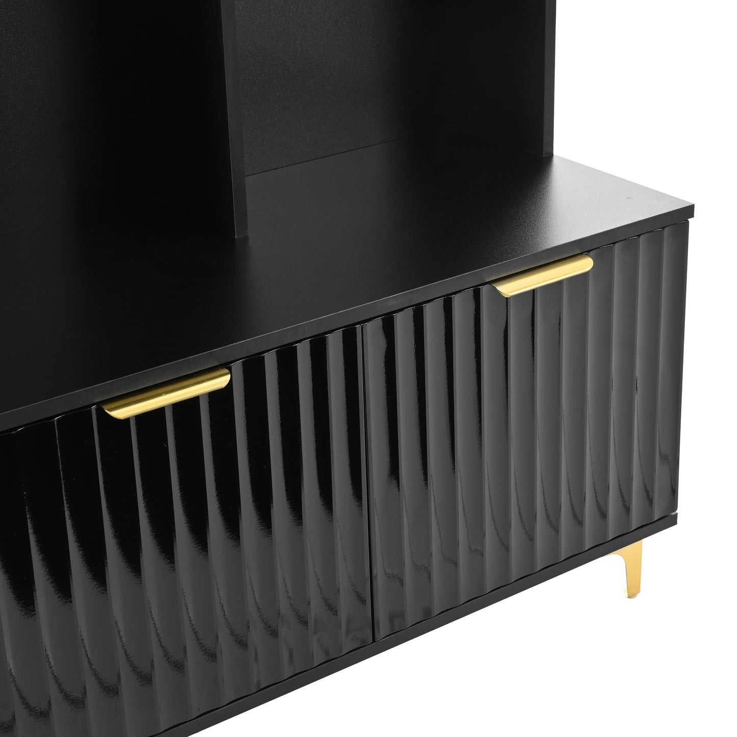 Black highgloss media console with fluted cabinet doors and gold handles