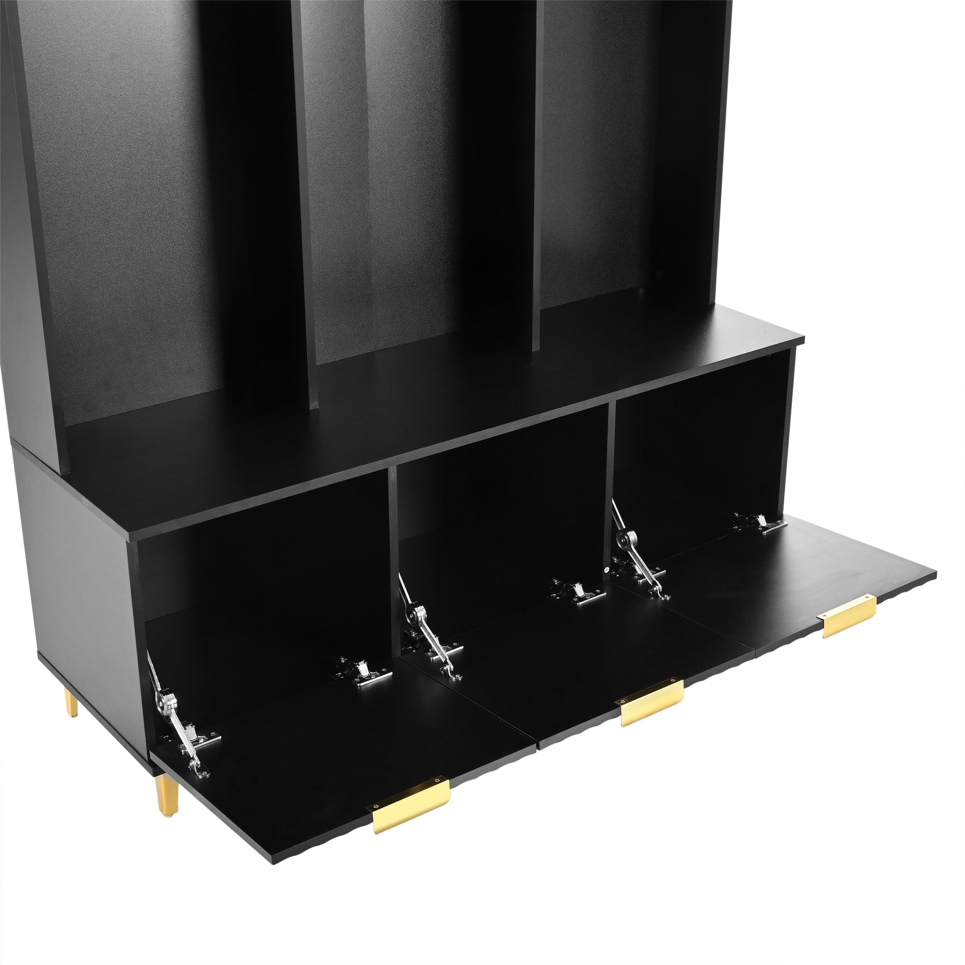 Black wooden entryway bench with three lifttop storage compartments and gold handles