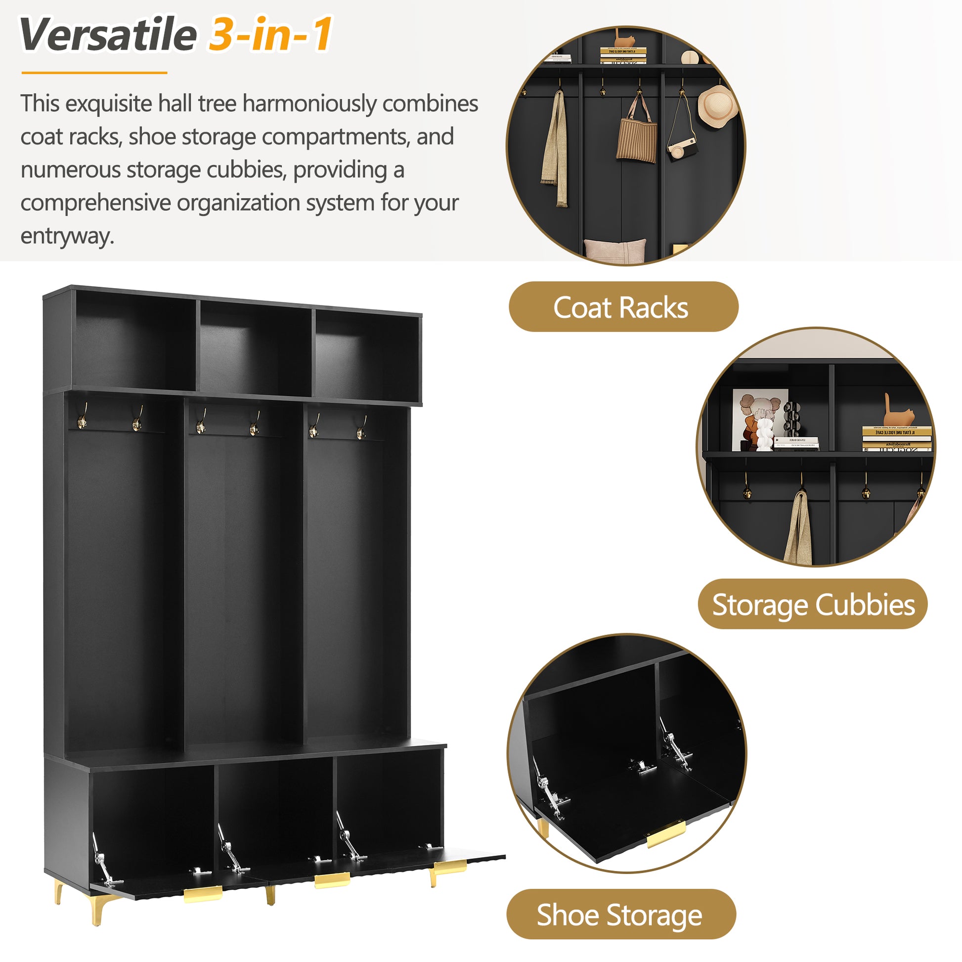 Modern black hall tree with multiple coat hooks and top shelves