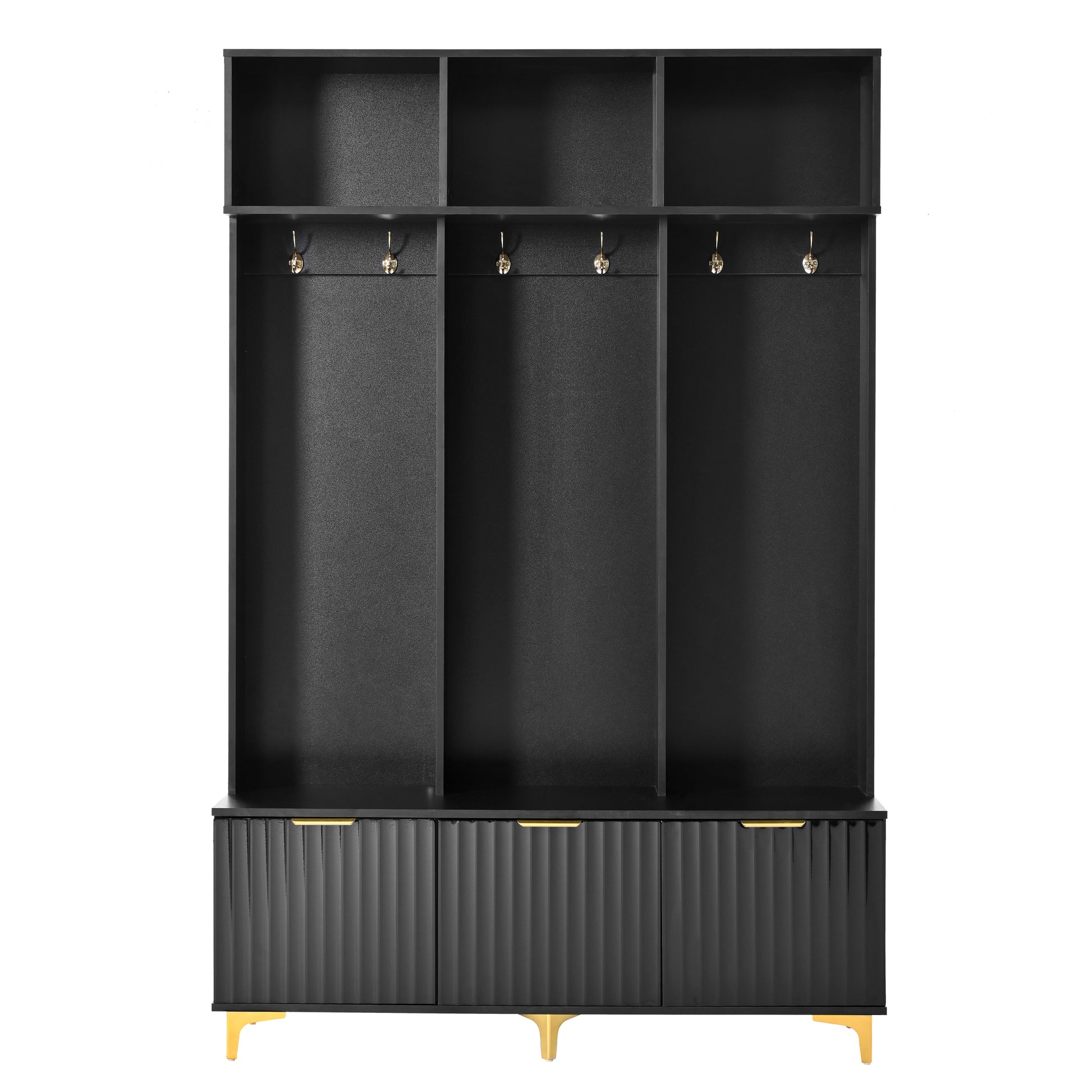 Black entryway bench with three compartments and gold hooks