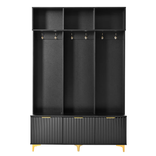 Black entryway bench with three compartments and gold hooks