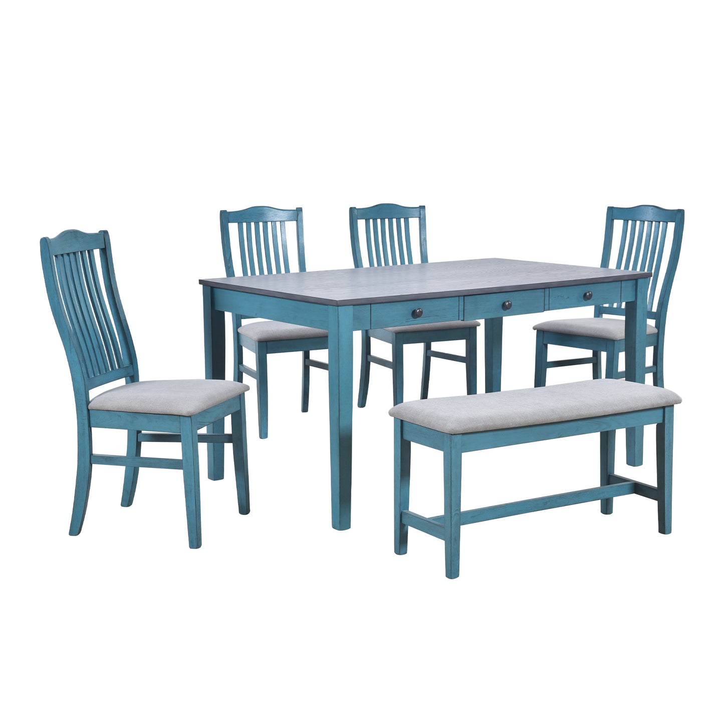 Blue dining table with grey top and matching chairs and bench