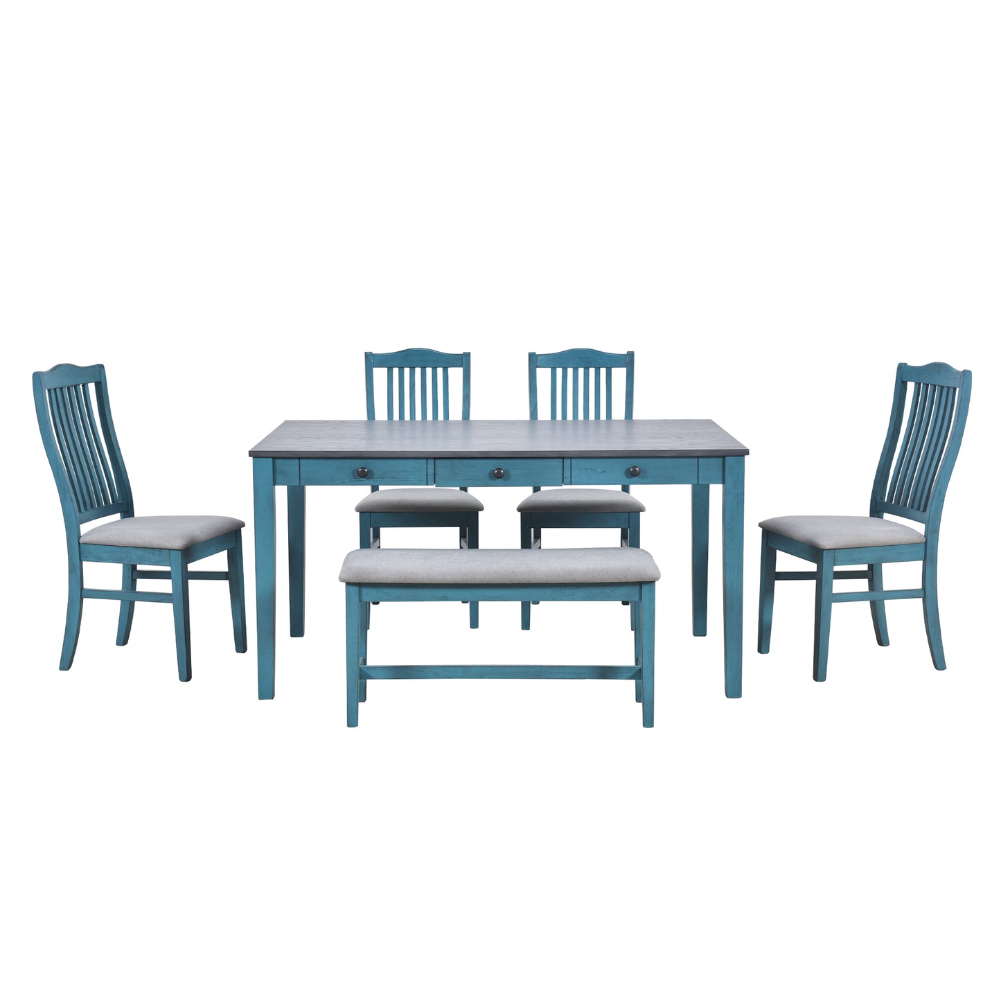 Teal dining set with six chairs and bench