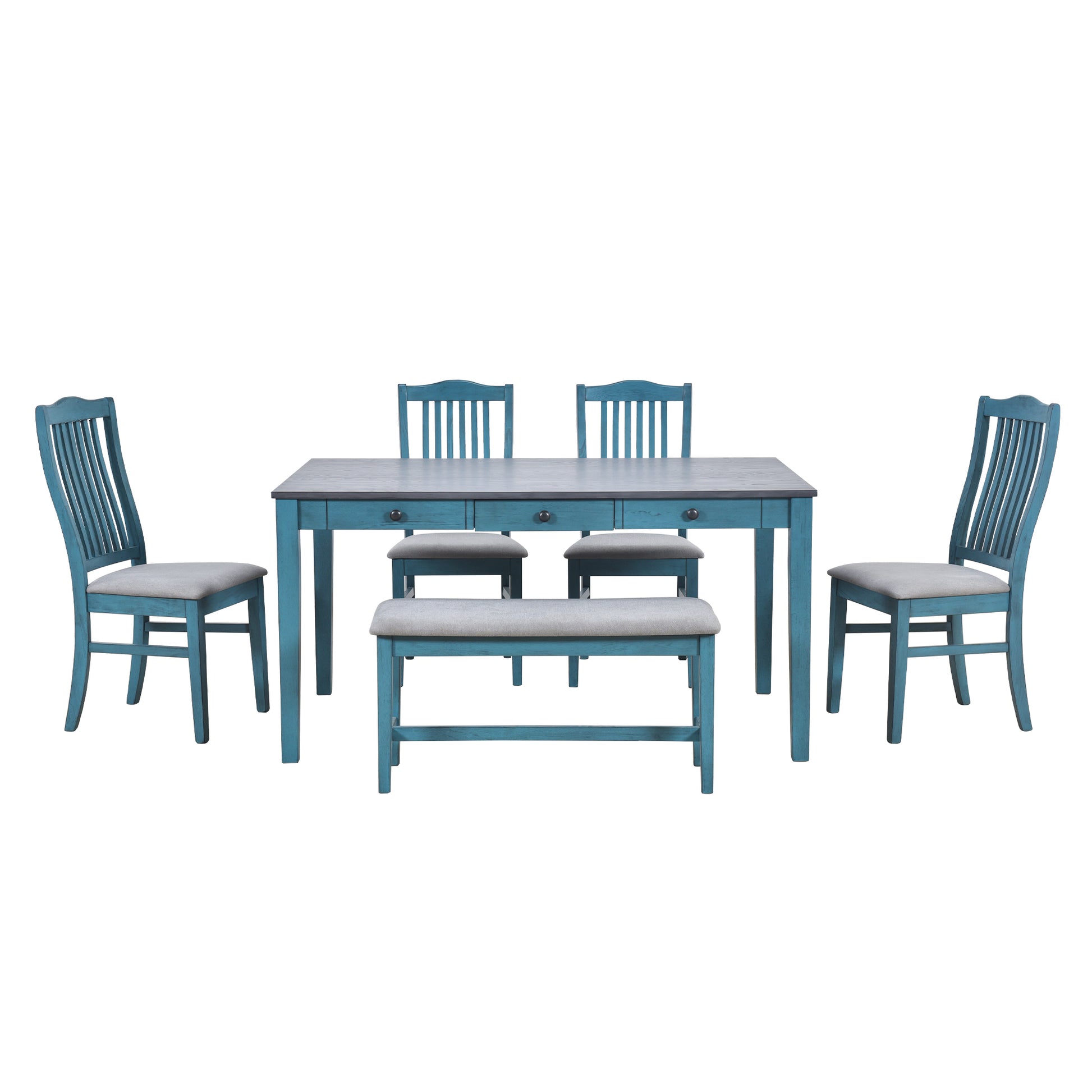 Teal dining set with six chairs and bench