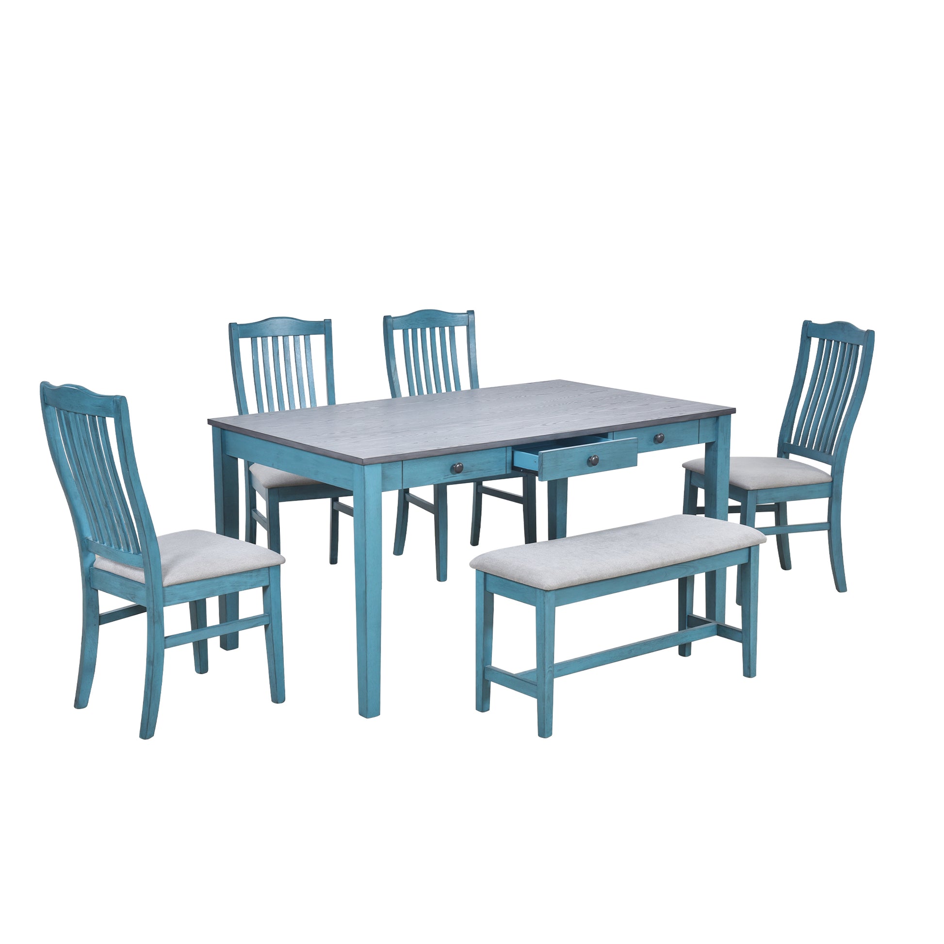 Teal dining set with wood grain tabletop and upholstered seating