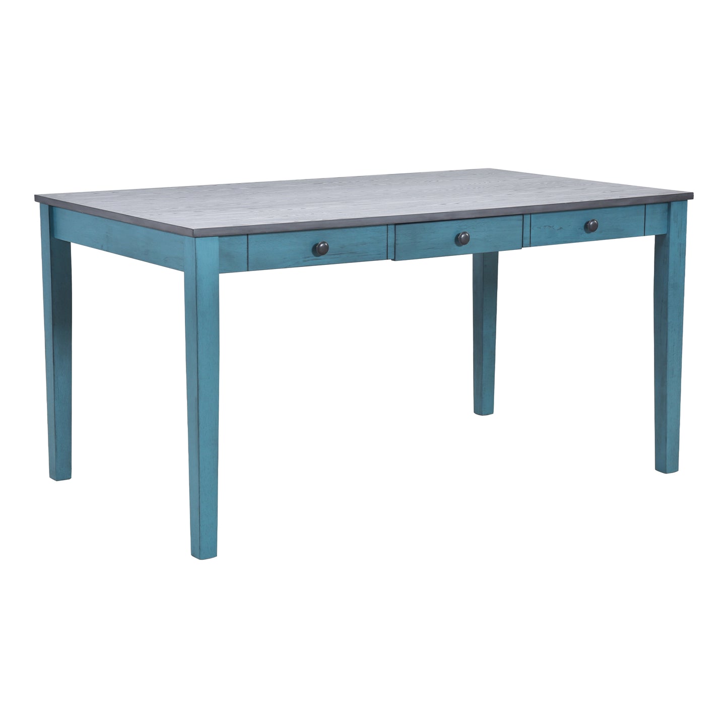 Teal painted dining table with distressed wood top and three drawers