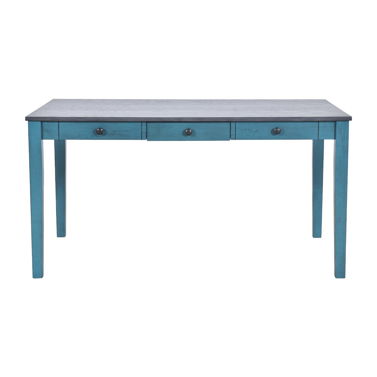 Teal wooden desk with three drawers and a gray tabletop