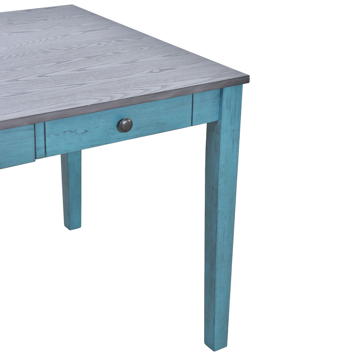 Turquoise wooden dining table with distressed finish and gray wood grain top