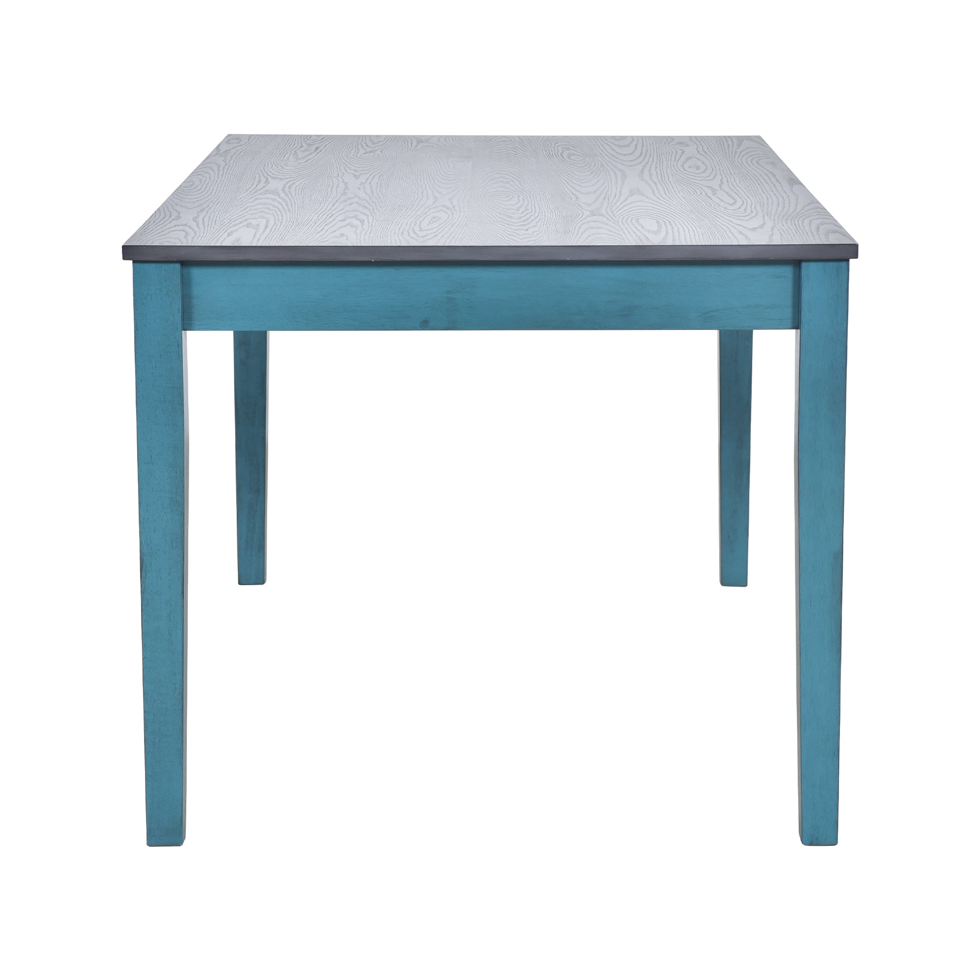 Teal wooden dining table with a grey wood grain top and dark grey edge band