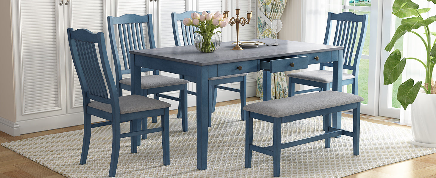 Blue dining table and chairs set with gray upholstered seats