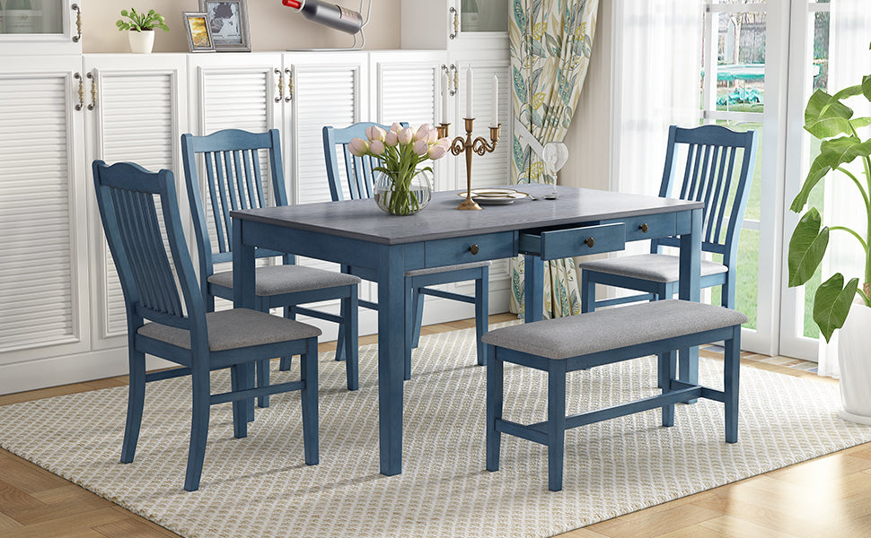 Blue dining set with four chairs and a bench