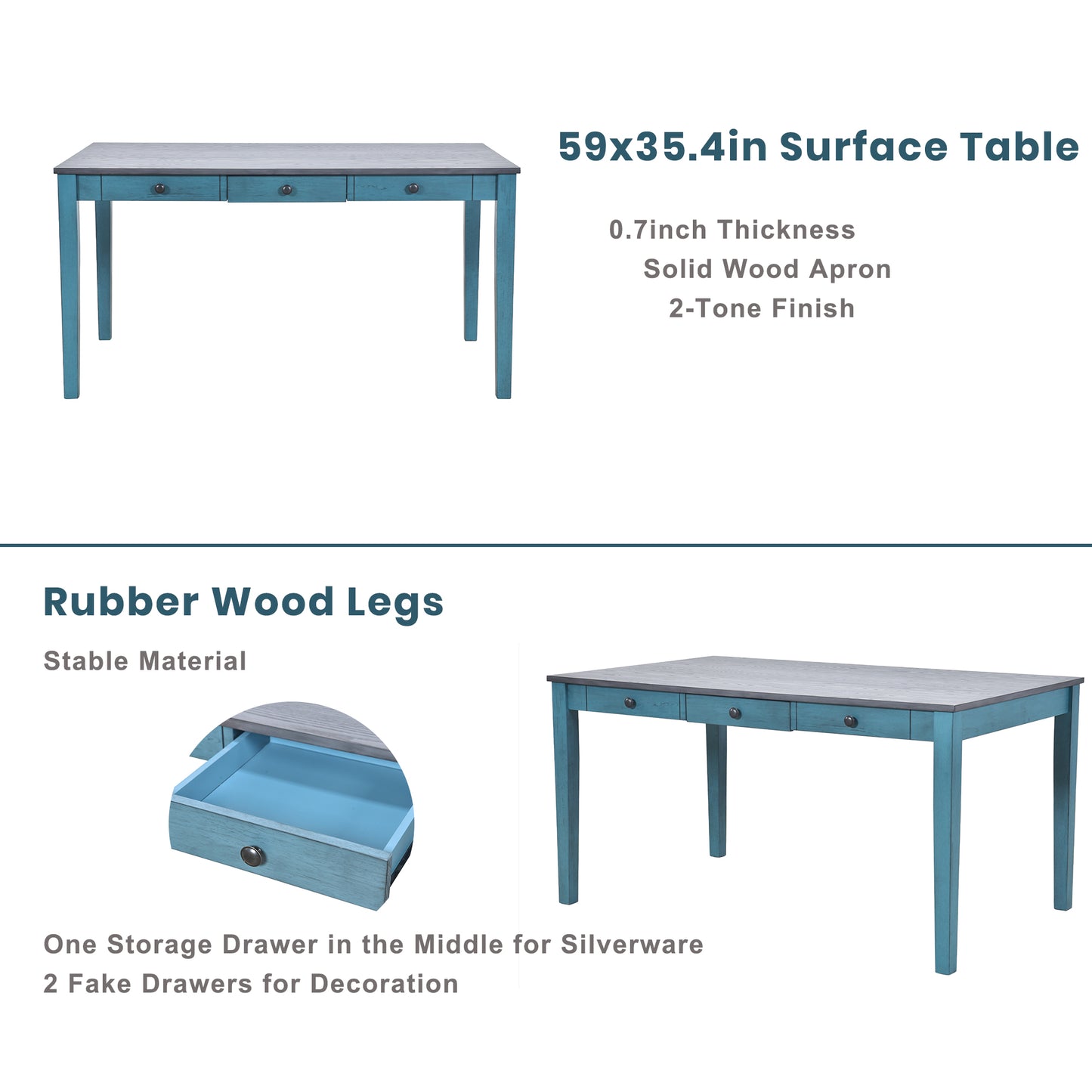 Teal wooden dining table with three drawers and a gray top xin