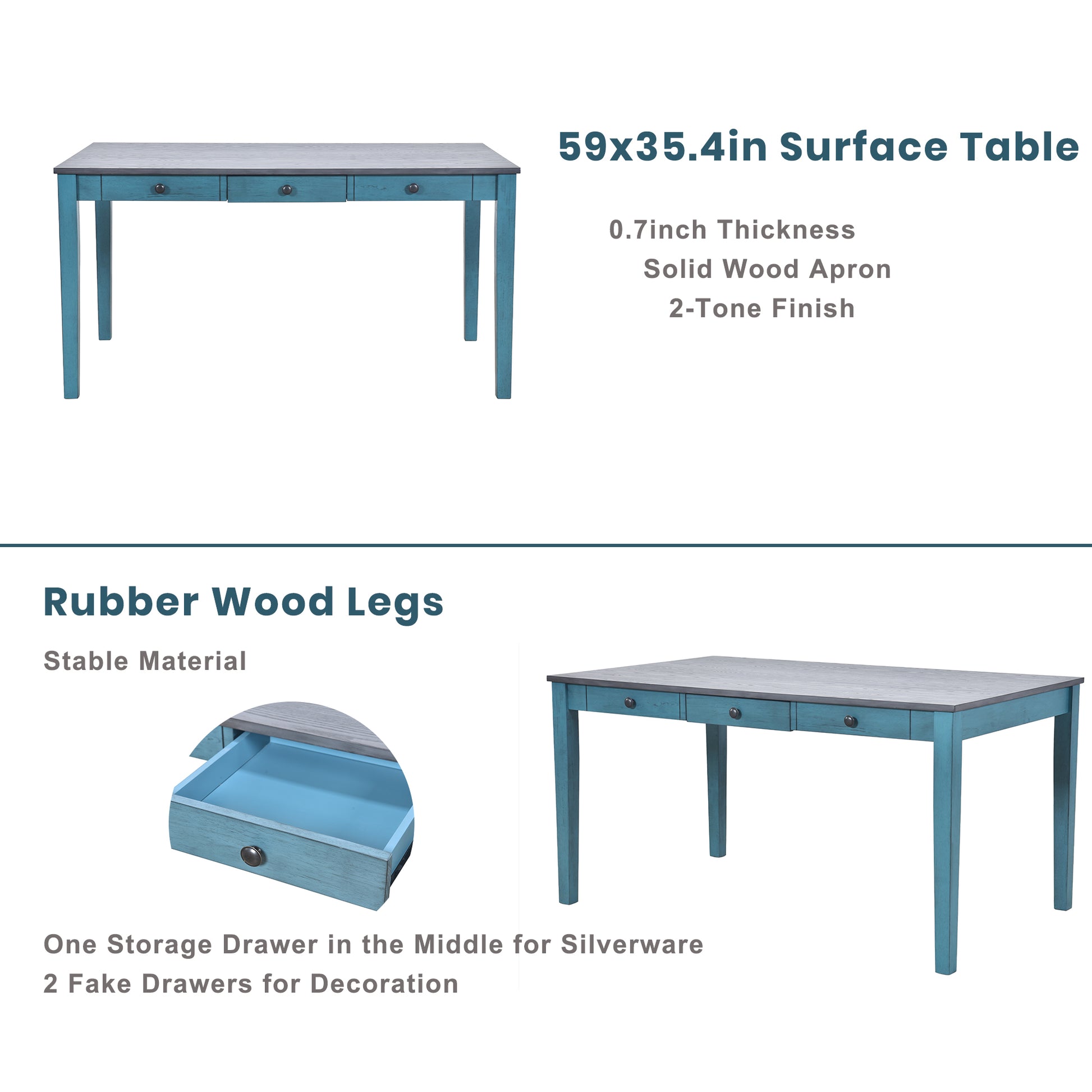 Teal wooden dining table with three drawers and a gray top xin