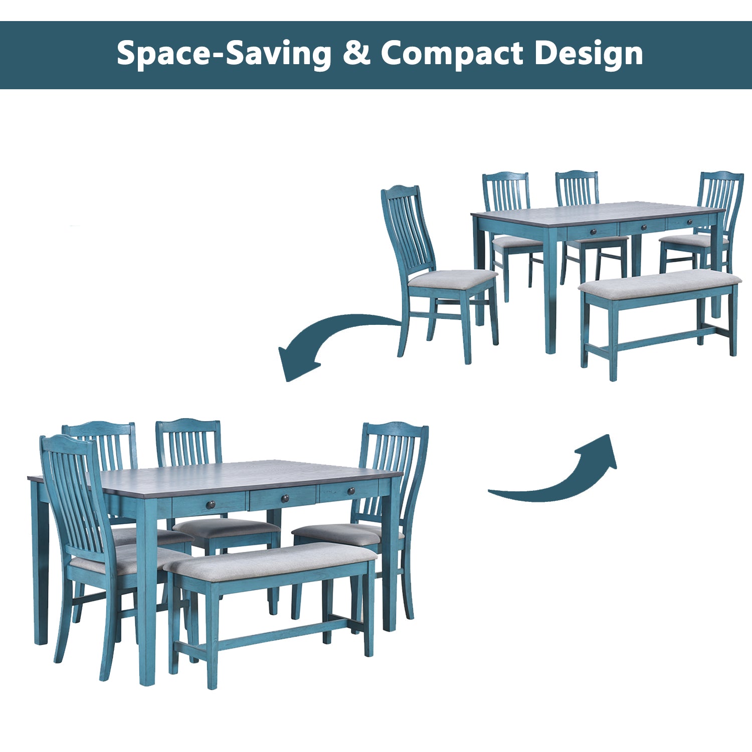 Blue wooden dining set with upholstered bench and chairs