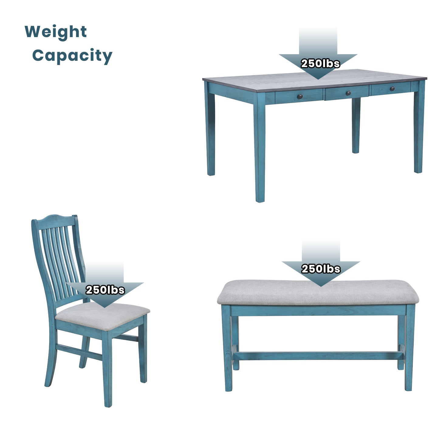 Blue dining table with three drawers lbs weight capacity