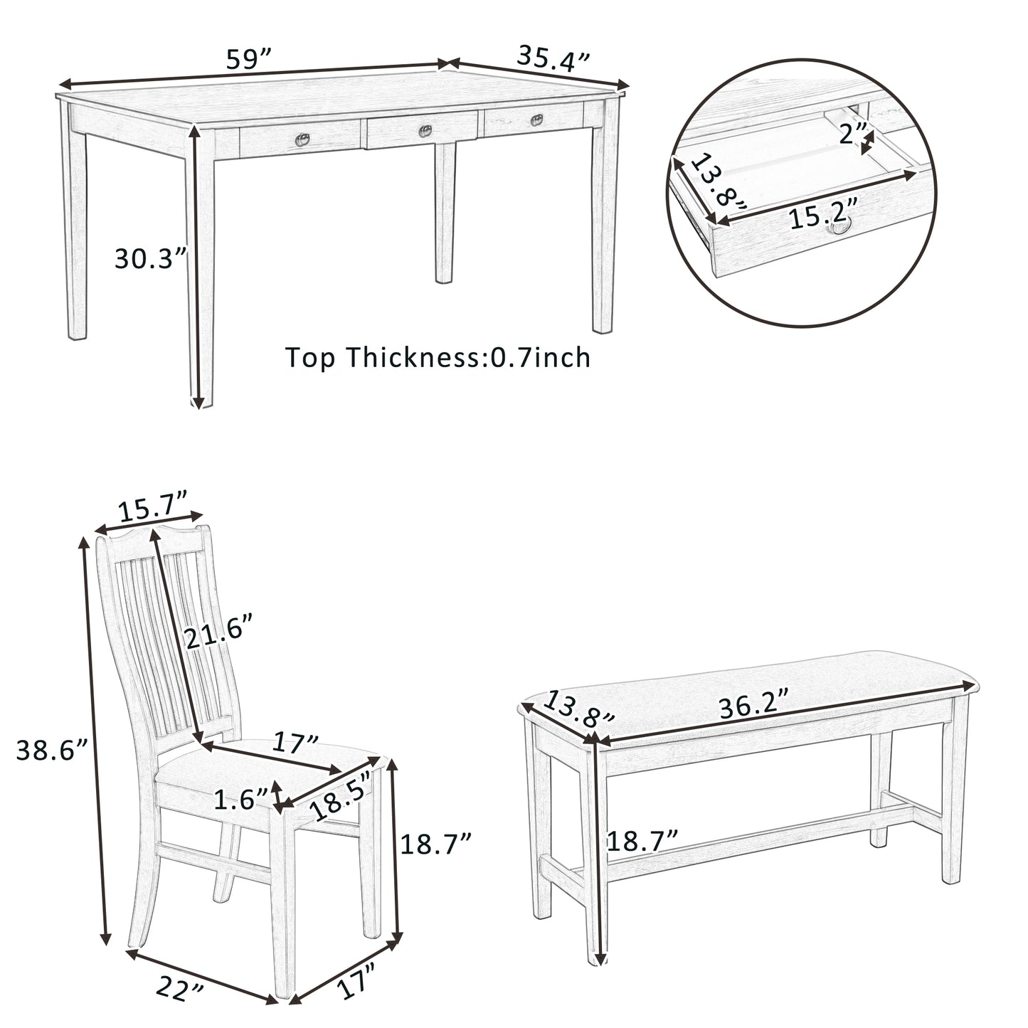 Sketch of a rectangular dining table  W x  H with three drawers