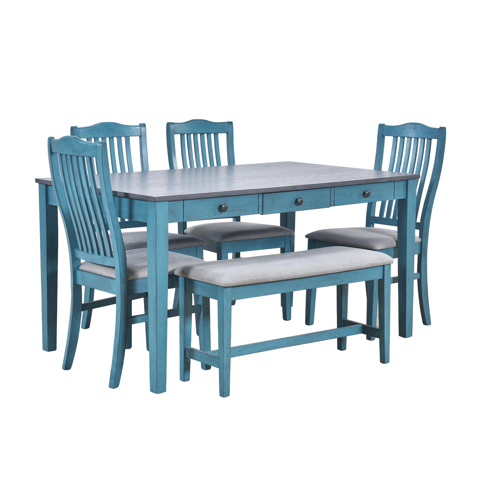 Teal farmhouse dining set with four chairs and a bench