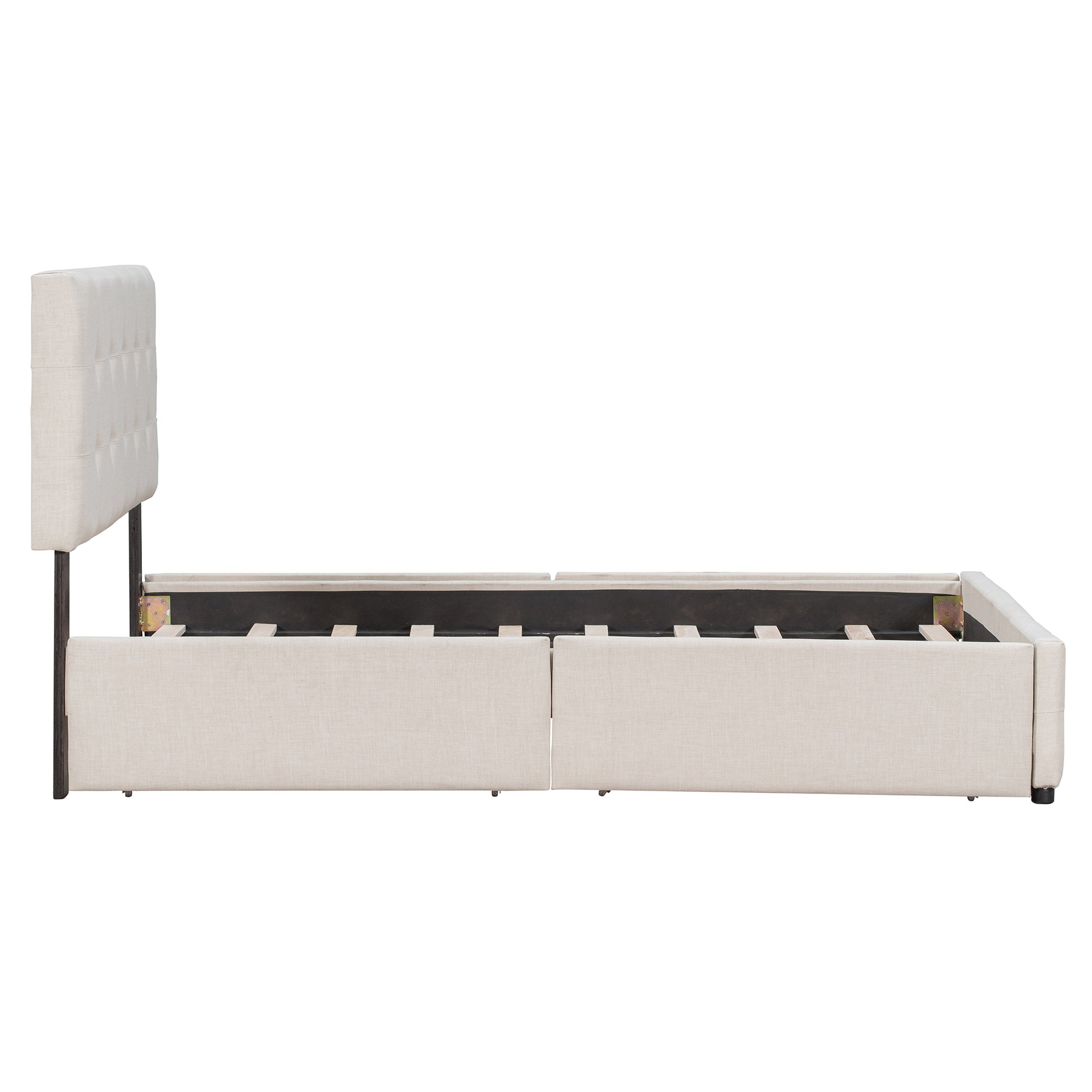 Beige linen platform bed frame with tufted headboard