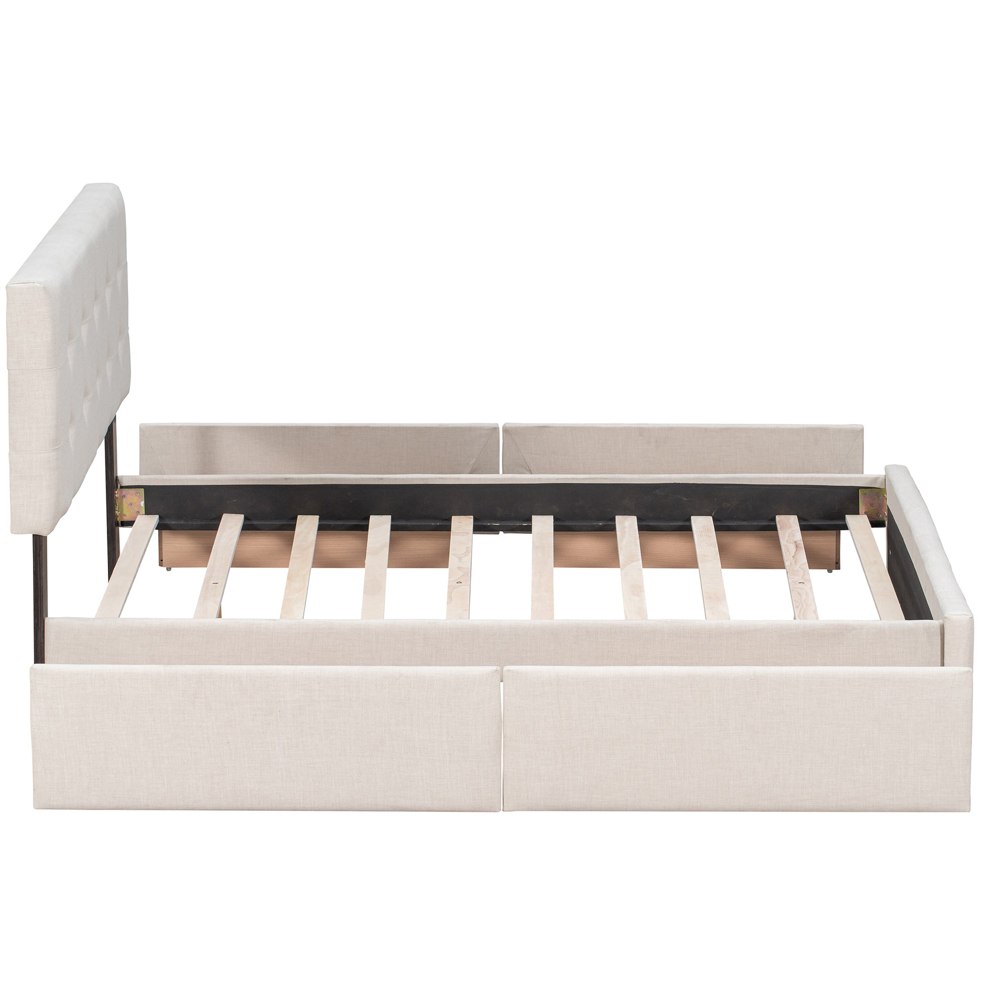 Upholstered beige bed frame with tufted headboard and storage drawers