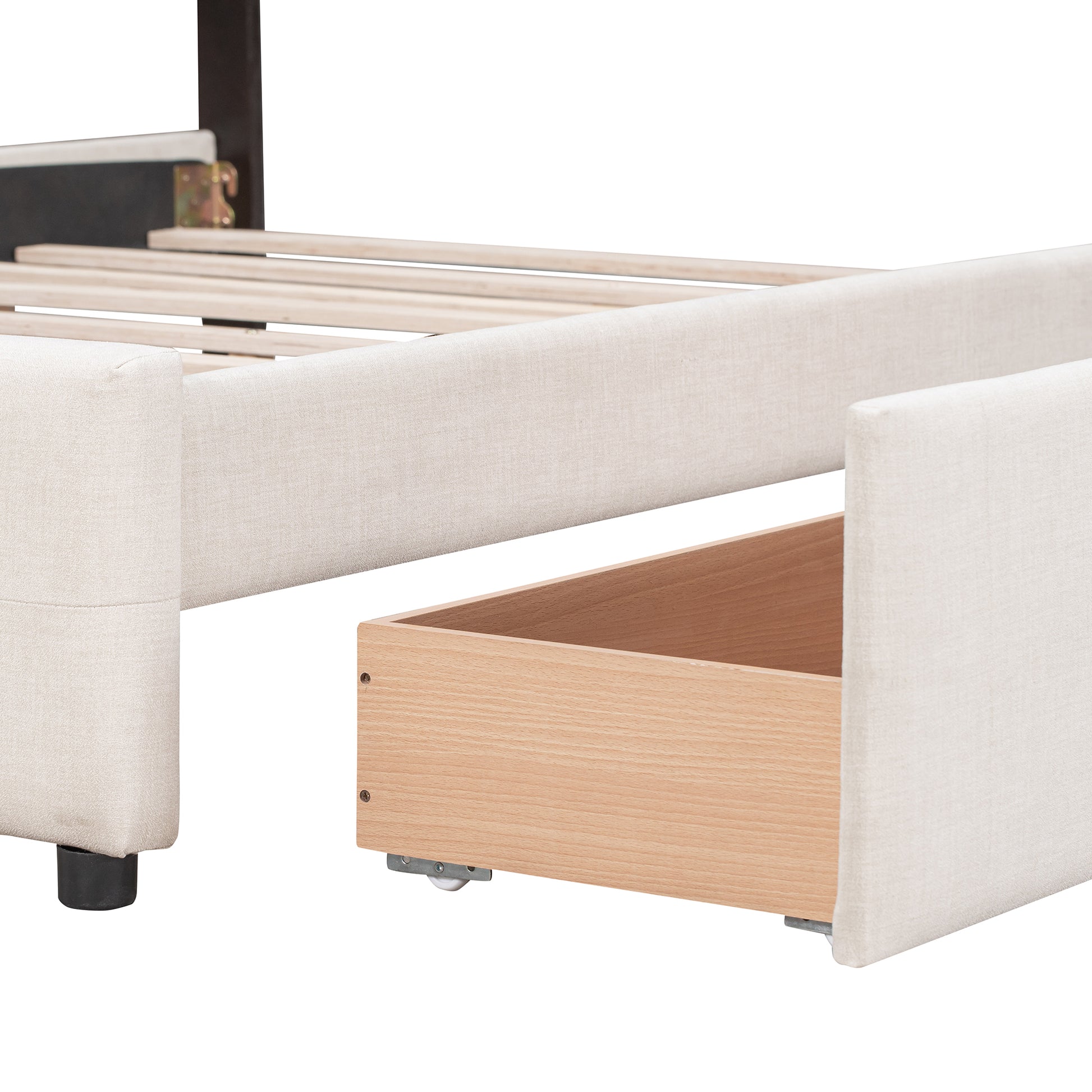 Cream upholstered bed frame with an open storage drawer