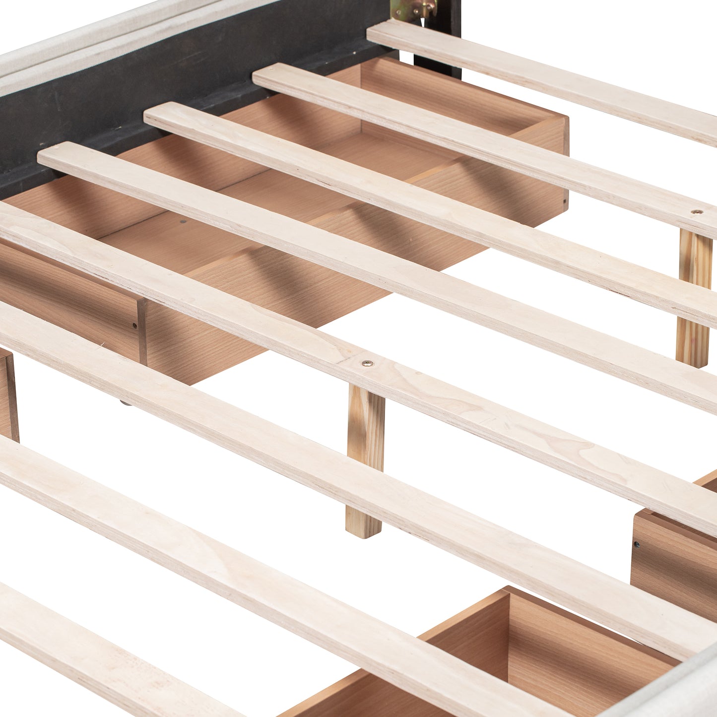 Wooden bed frame slats and drawers