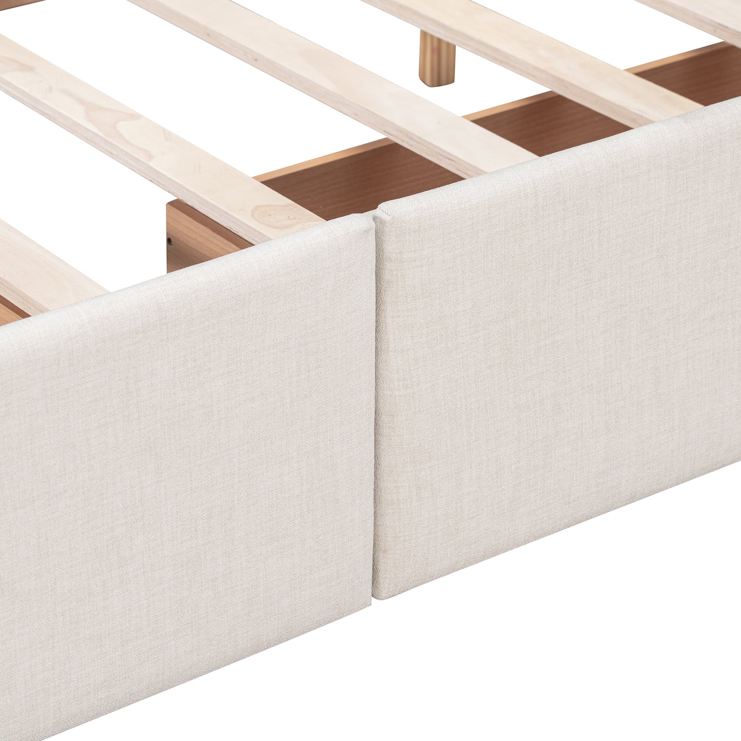 Beige linen upholstered bed frame with wooden slats
