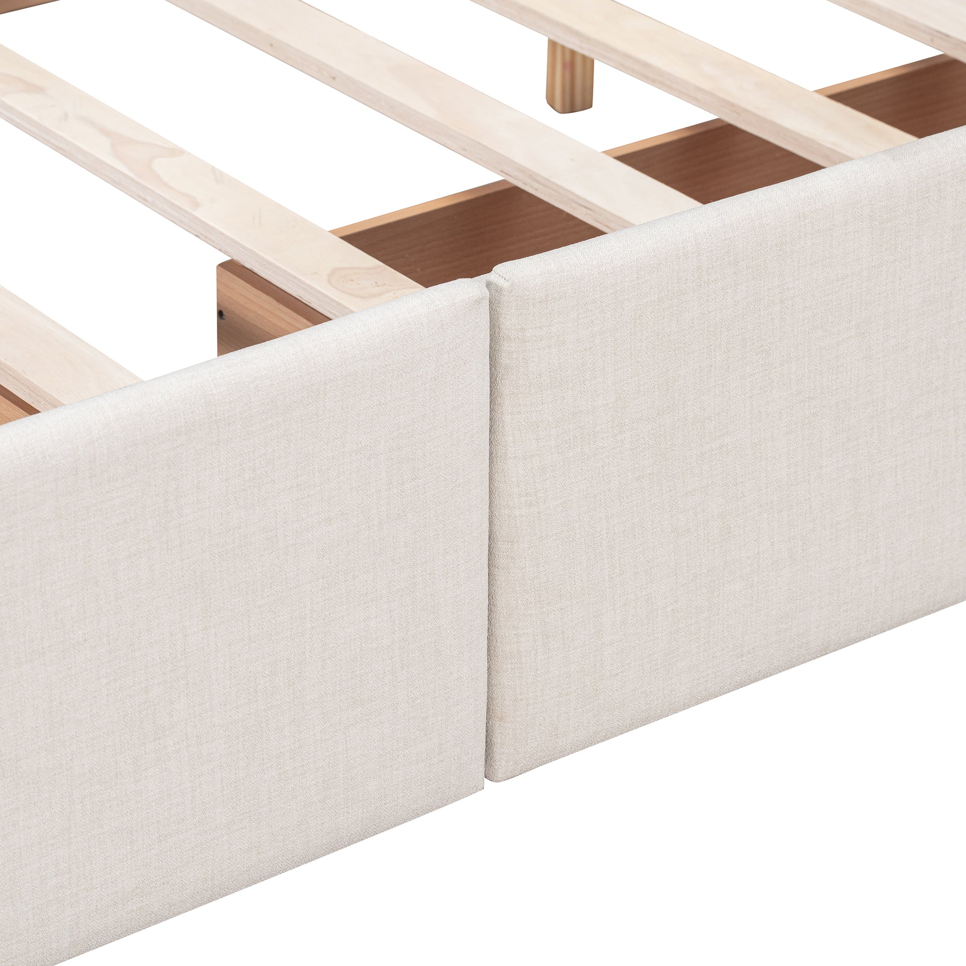 Beige linen upholstered bed frame with wooden slats