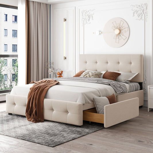Tufted beige fabric bed frame with storage drawers