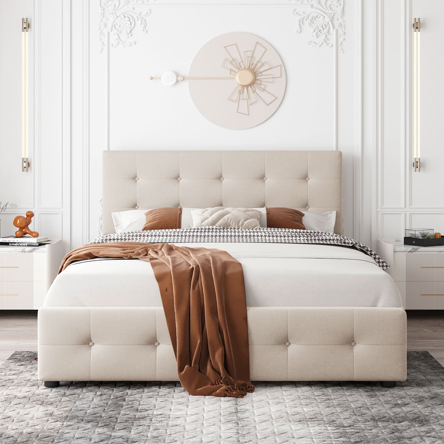 Tufted beige upholstered bed frame with diamond pattern