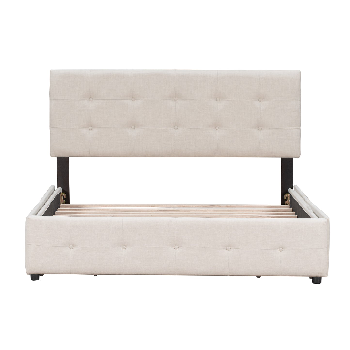 Tufted beige linen upholstered bed frame with wooden slats and dark legs