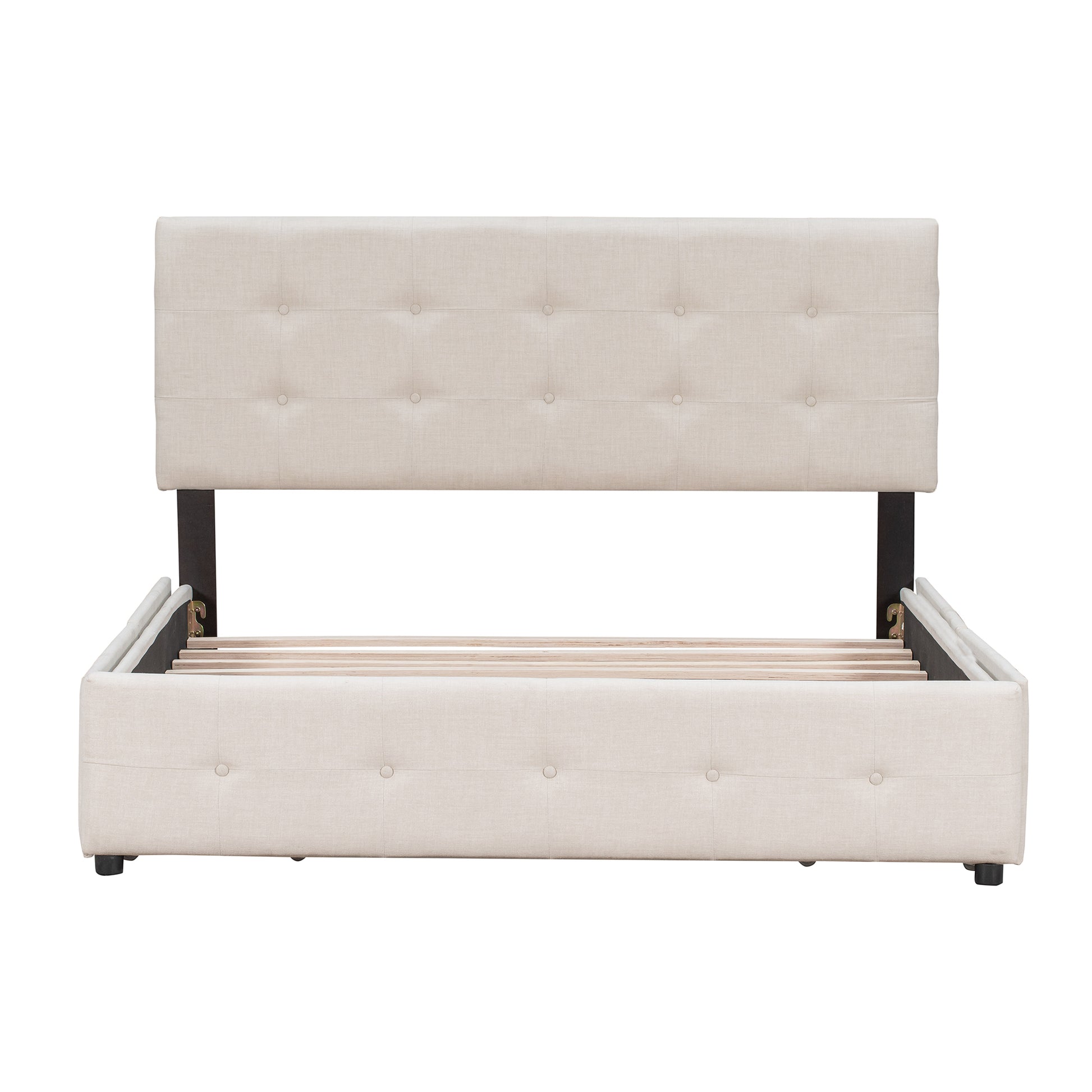 Tufted beige linen upholstered bed frame with wooden slats and dark legs