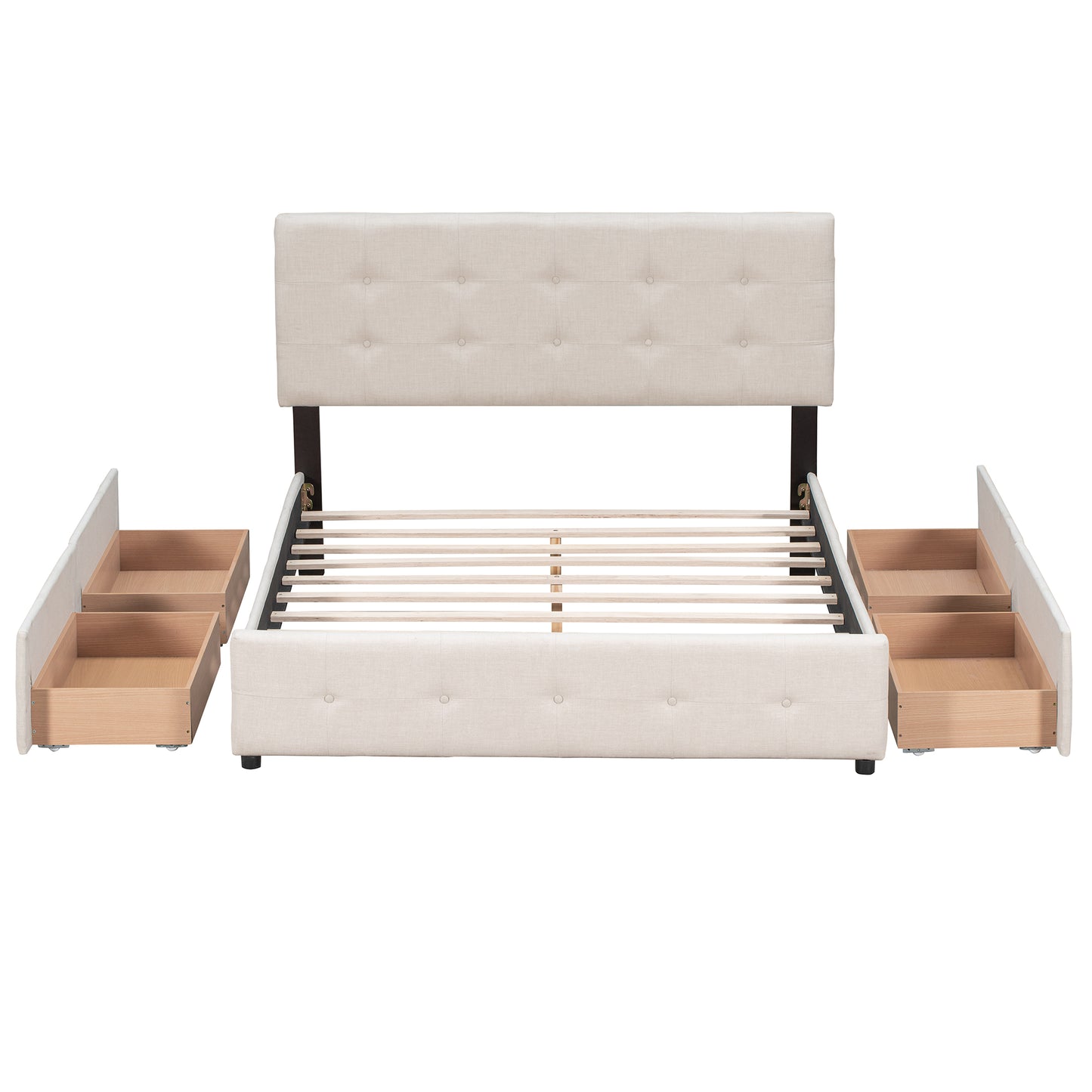 Cream upholstered bed frame with tufted headboard and open storage drawers