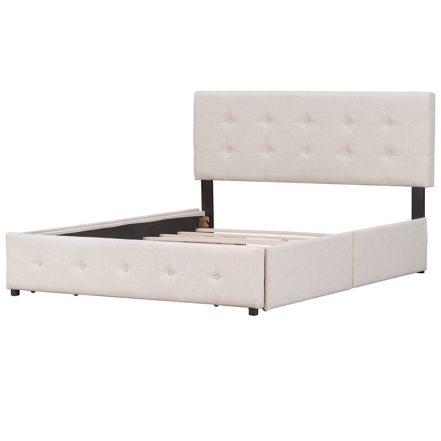 Tufted beige linen upholstered bed frame with wooden slats