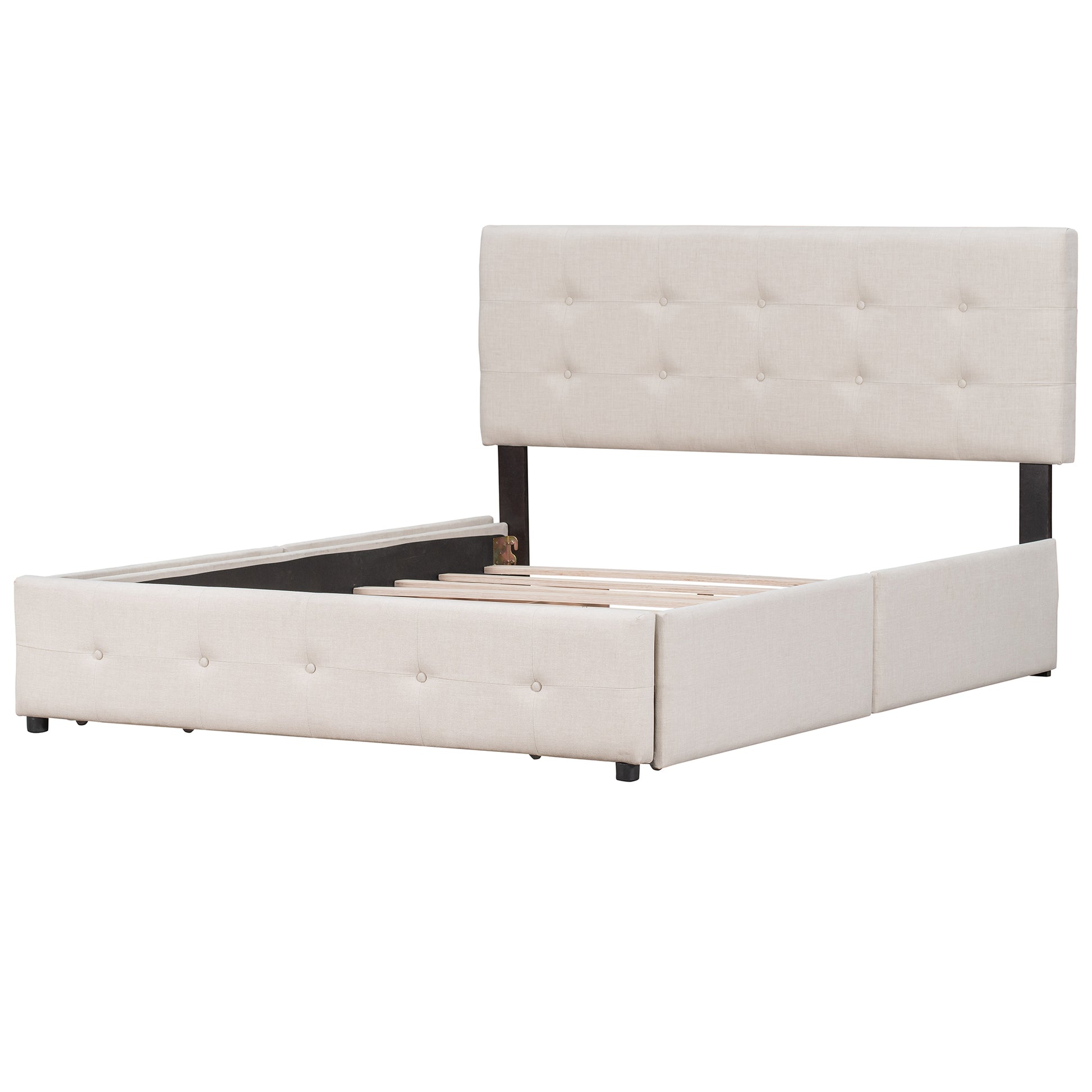 Tufted beige linen upholstered bed frame with wooden slats