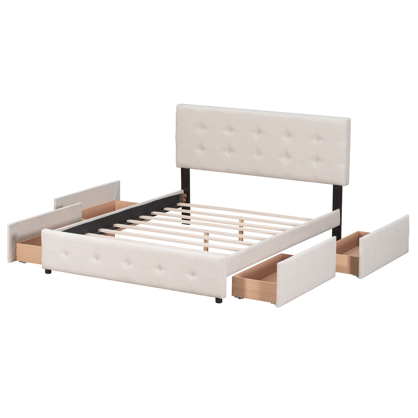 Cream upholstered bed frame with tufted headboard and four storage drawers