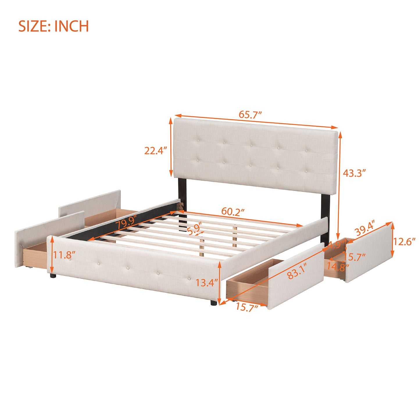 Tufted beige fabric bed frame with storage drawers king size