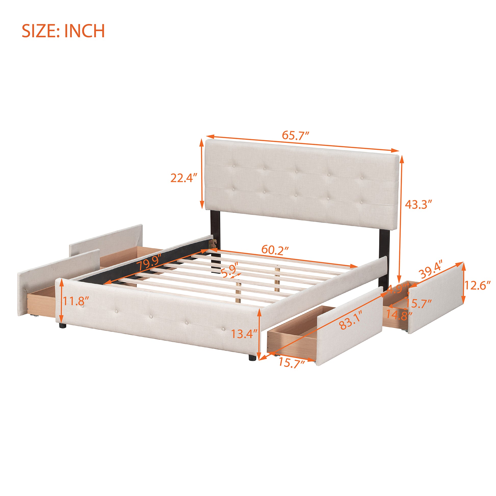 Tufted beige fabric bed frame with storage drawers king size