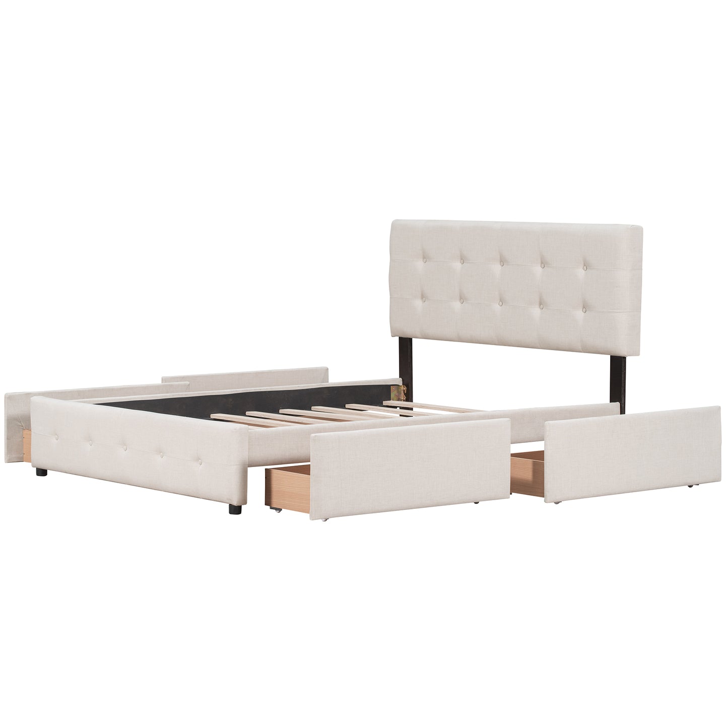 Cream upholstered platform bed frame with tufted headboard and storage drawers