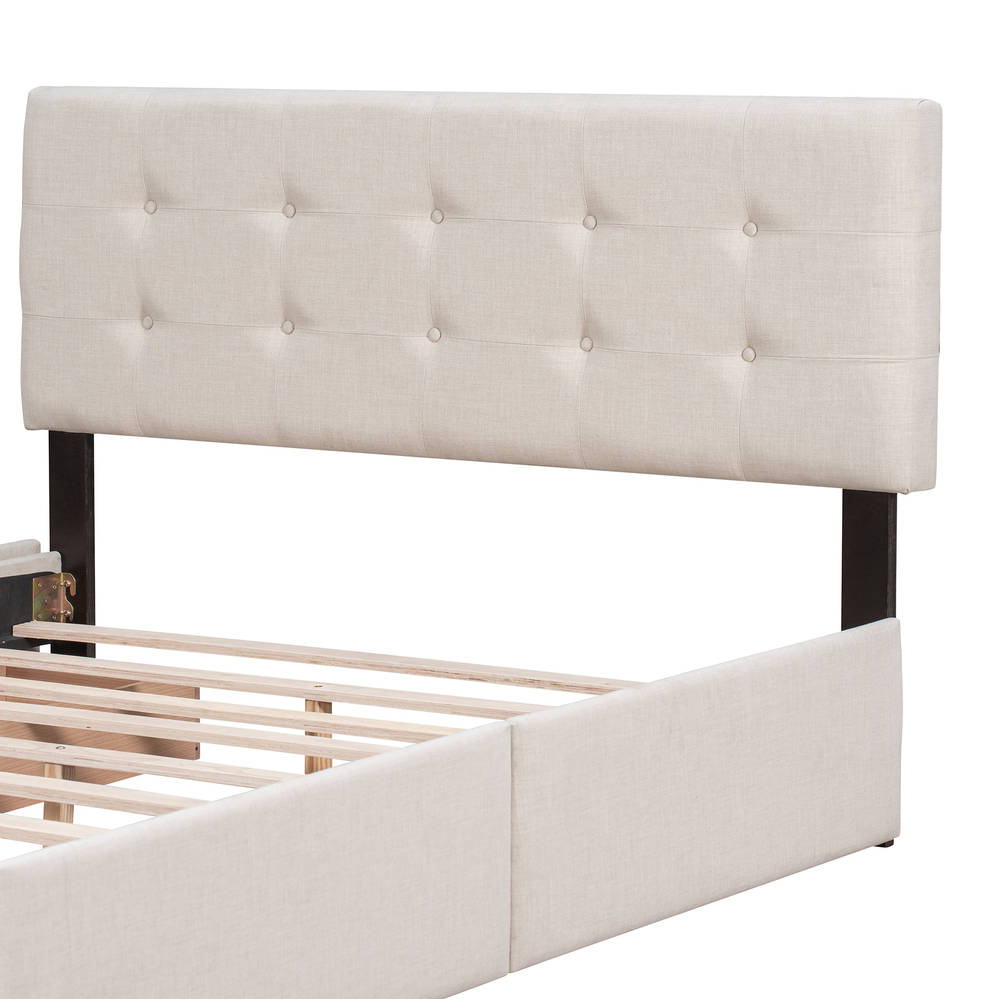 Tufted beige linen headboard of a modern bed frame