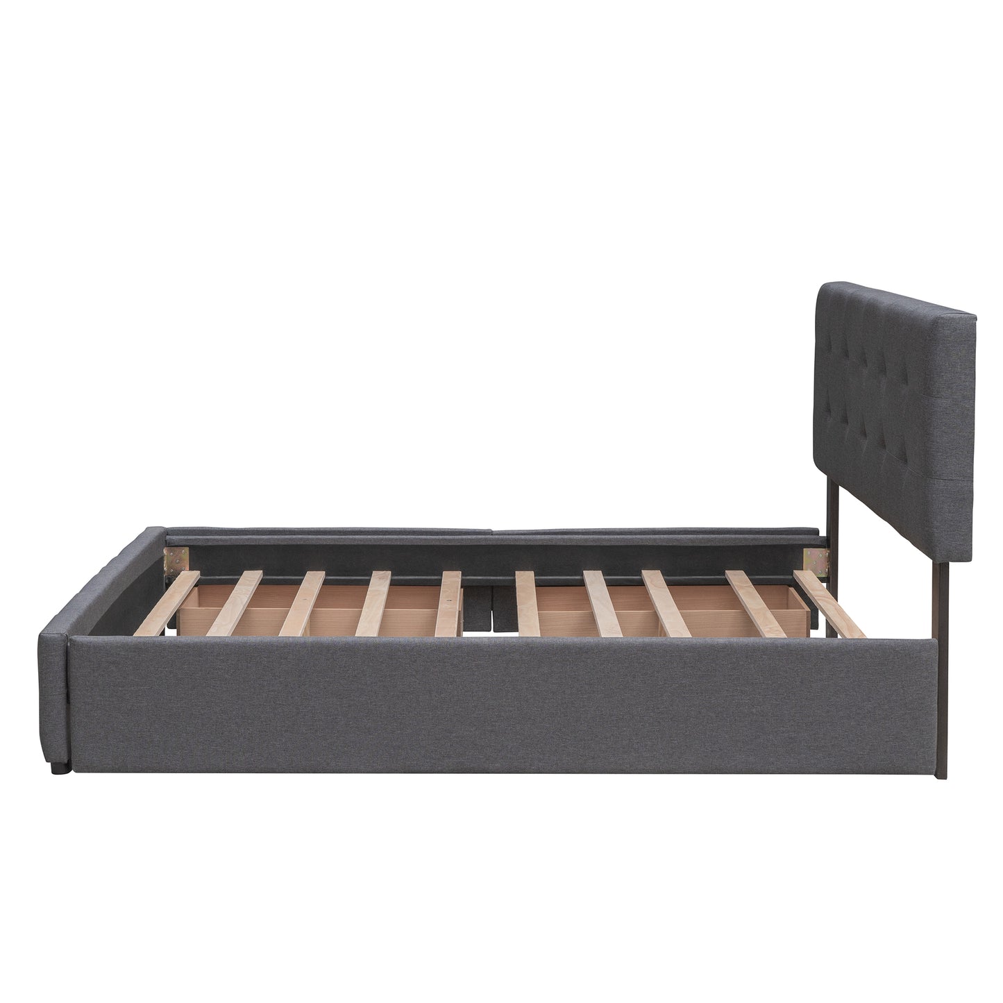 Dark grey fabric upholstered bed frame with tufted headboard and wooden slats