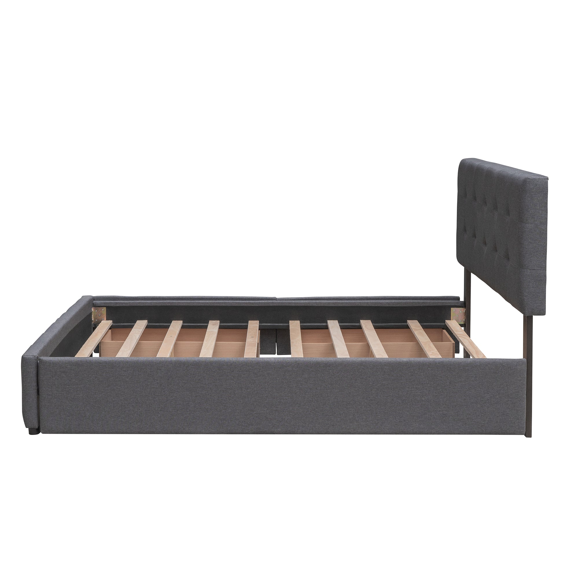 Dark grey fabric upholstered bed frame with tufted headboard and wooden slats