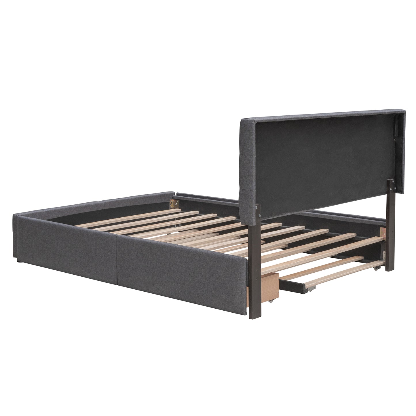 Dark grey upholstered bed frame with wooden slats and pullout drawer mechanism