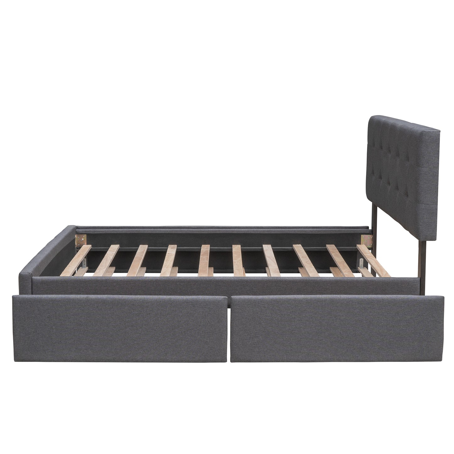Dark grey upholstered queen bed frame with tufted headboard and wooden slats