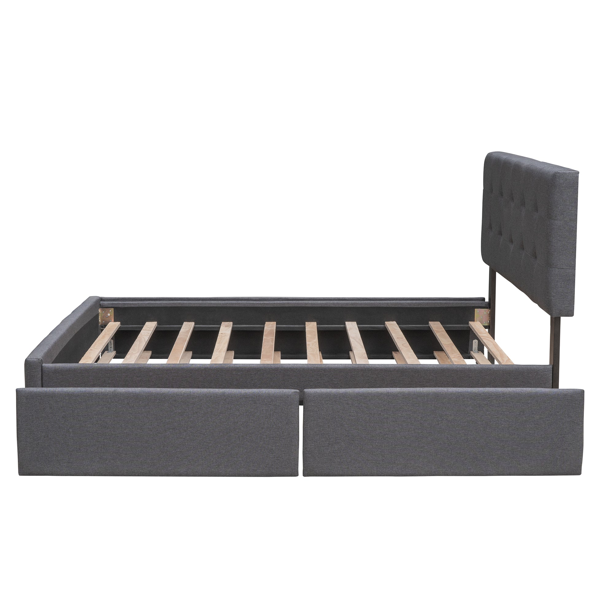 Dark grey upholstered queen bed frame with tufted headboard and wooden slats