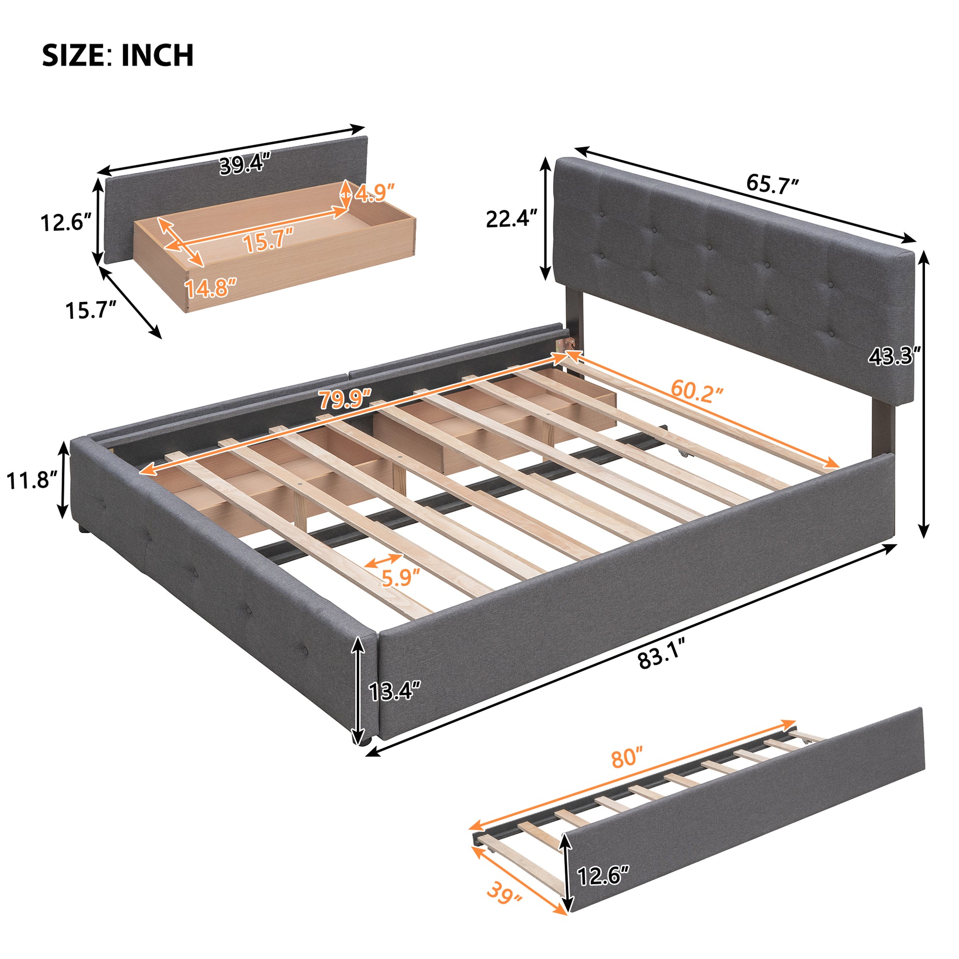 Gray upholstered queen bed frame with tufted headboard and wooden slats